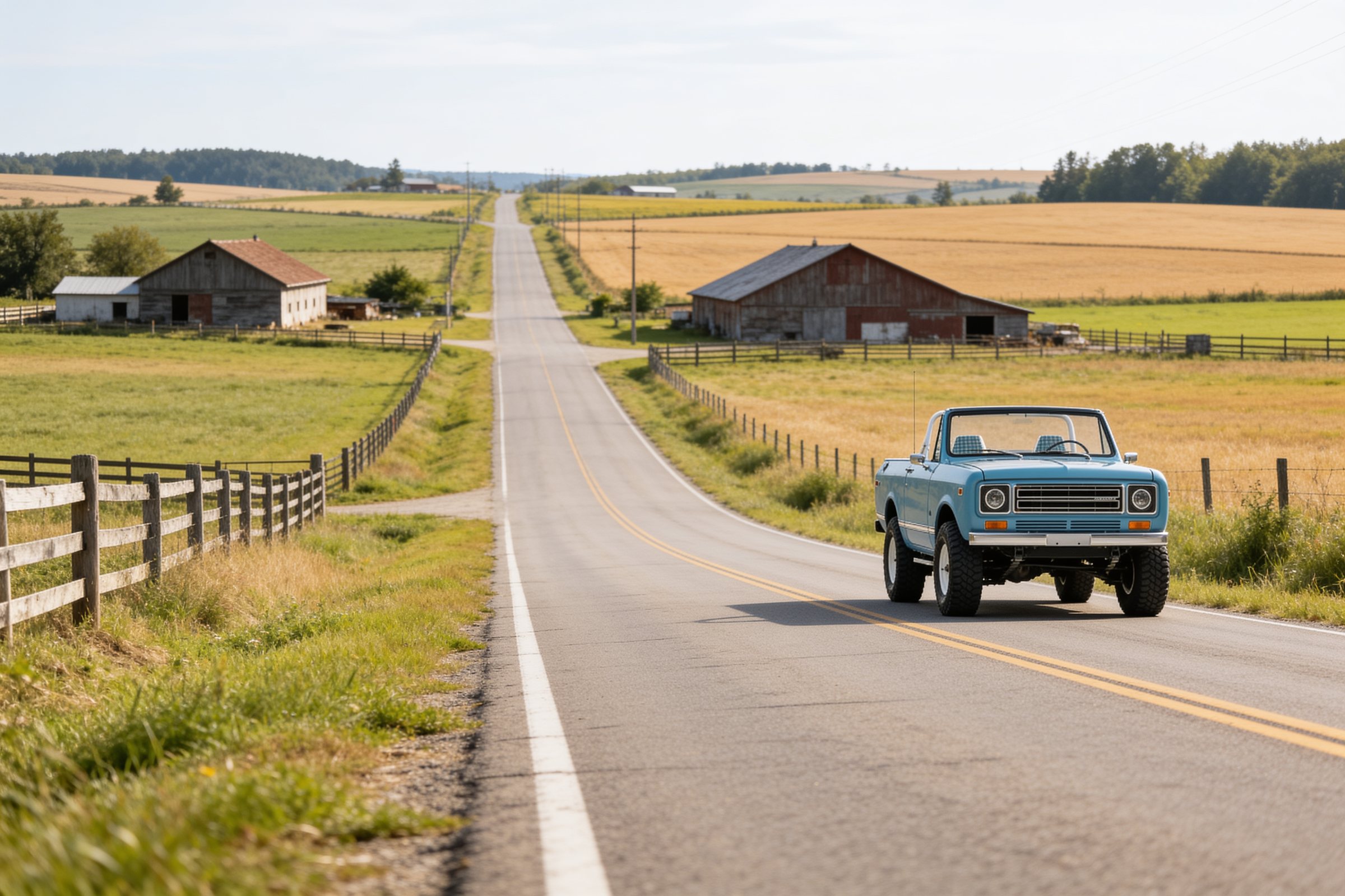 A restored blue International Harvester Scout on an open country road